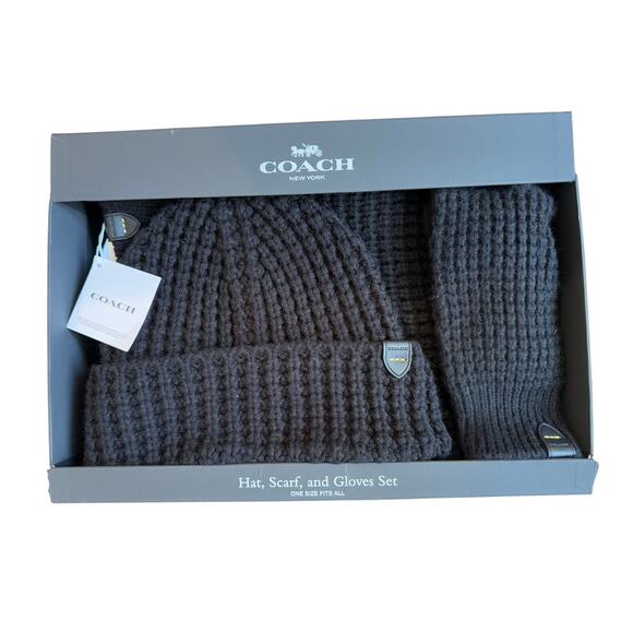Coach Waffle Beanie Hat and Scarf and Glove Set Black - Picture 1 of 6